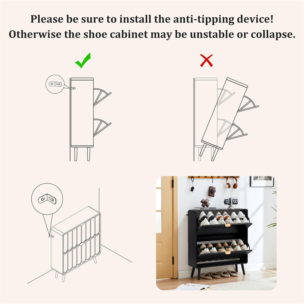 Diagram showing the correct and incorrect ways to install an anti-tipping device on a shoe cabinet.