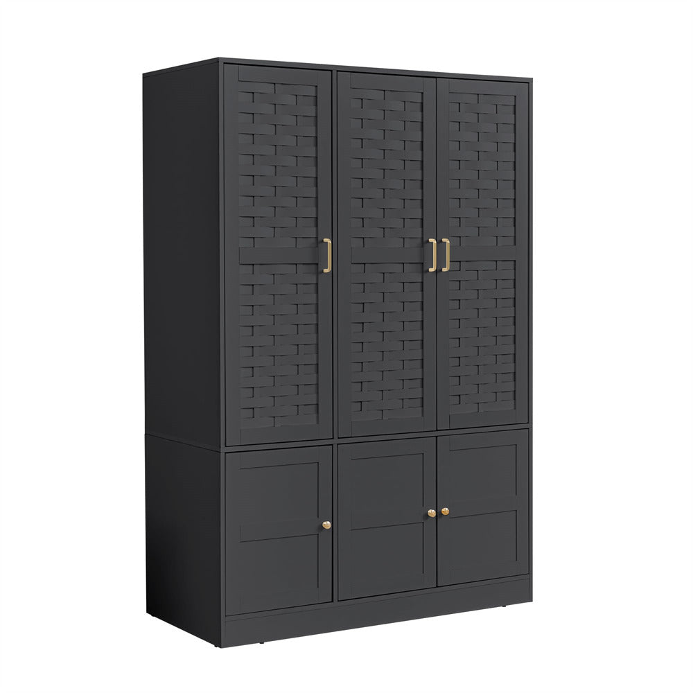 Black Freestanding Tall Woven Wardrobe Closet with 6 Doors and Adjustable Shelves