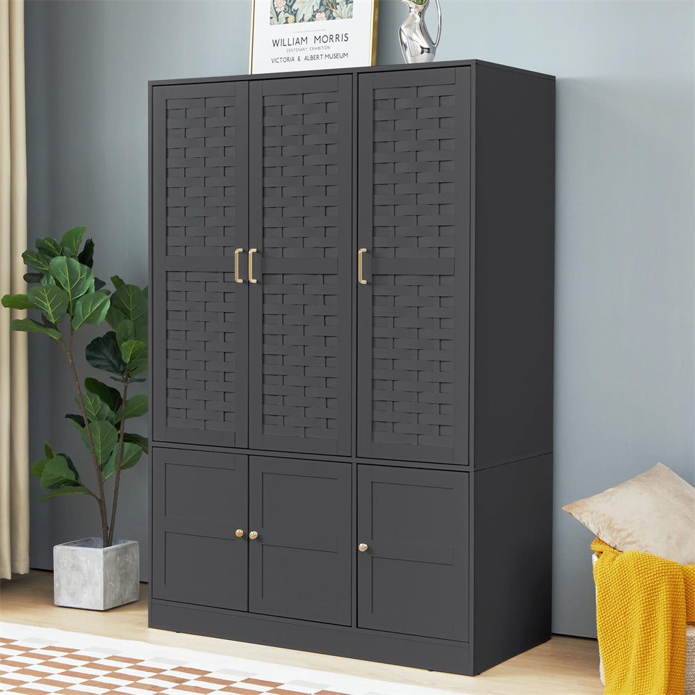 Black Freestanding Tall Woven Wardrobe Closet with 6 Doors and Adjustable Shelves