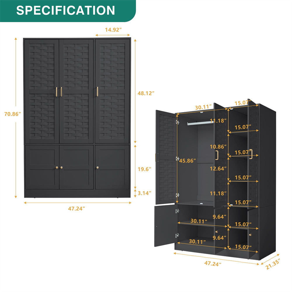 Black Freestanding Tall Woven Wardrobe Closet with 6 Doors and Adjustable Shelves Size