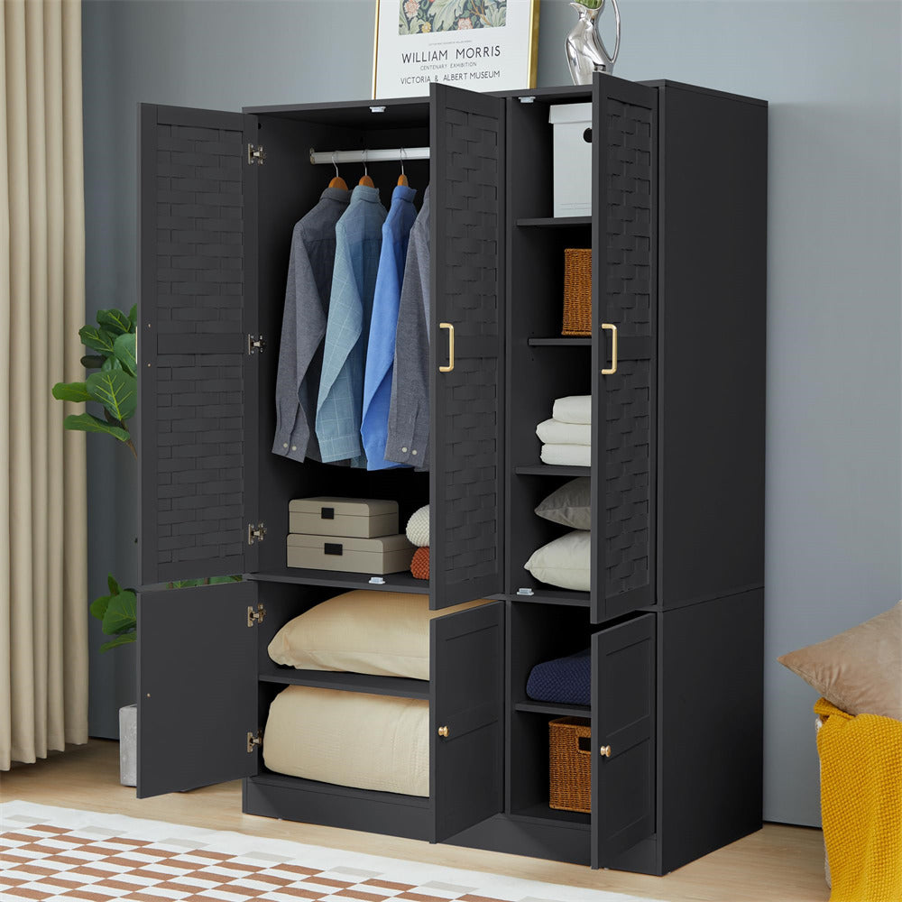 Black Freestanding Tall Woven Wardrobe Closet with 6 Doors and Adjustable Shelves