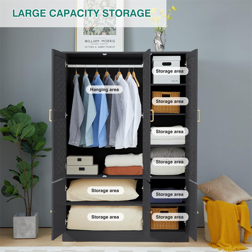 Black Freestanding Tall Woven Wardrobe Closet with 6 Doors and Adjustable Shelves
