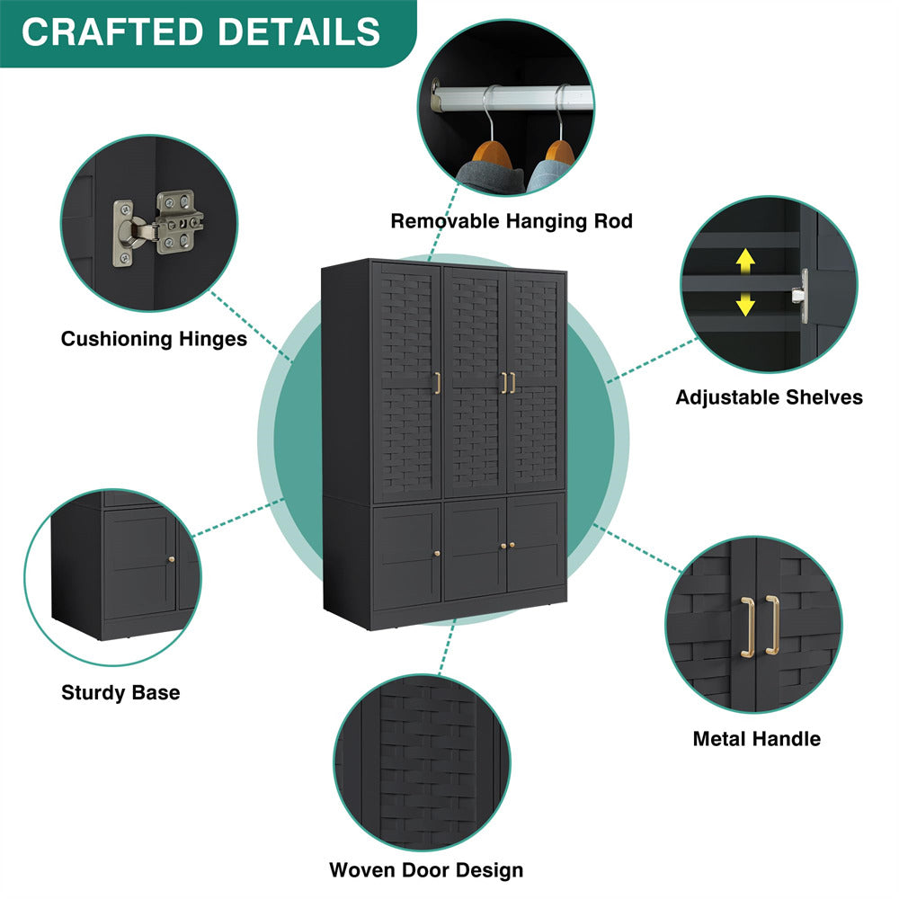 Black Freestanding Tall Woven Wardrobe Closet with 6 Doors and Adjustable Shelves