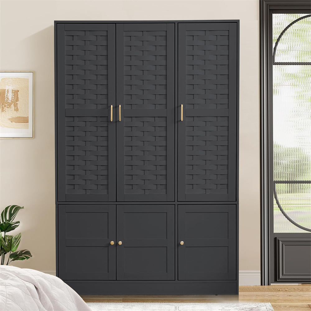 Black Freestanding Tall Woven Wardrobe Closet with 6 Doors and Adjustable Shelves