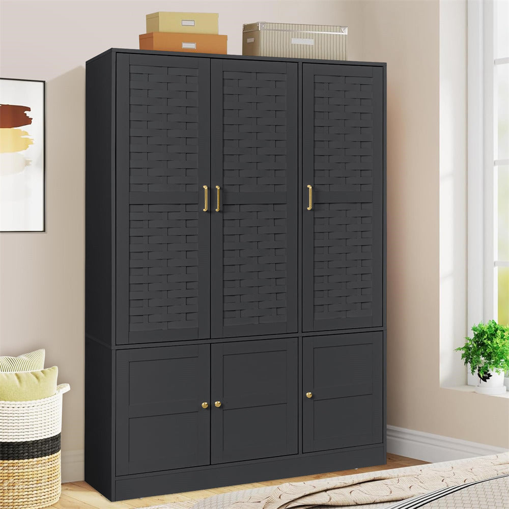 Black Freestanding Tall Woven Wardrobe Closet with 6 Doors and Adjustable Shelves