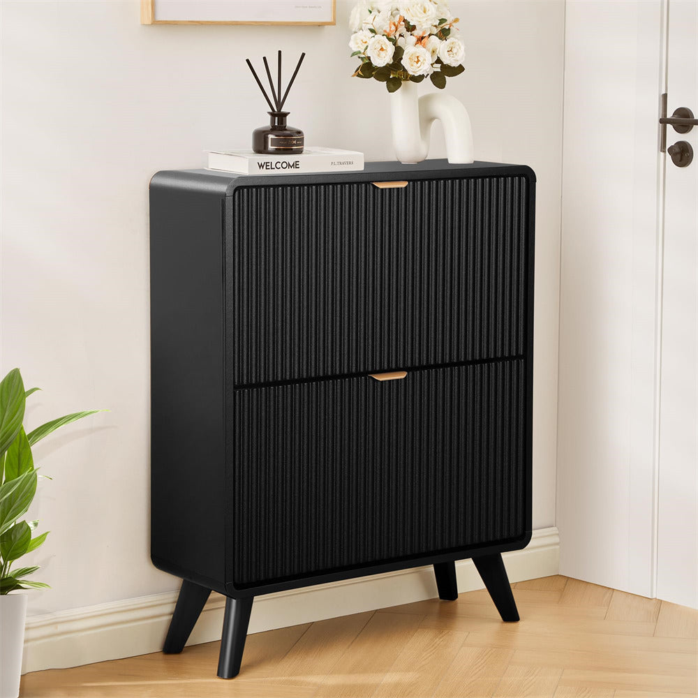 Black Freestanding Wood Fluted Shoe Cabinet for Entryway with 2 Flip Drawers and Curved Profile