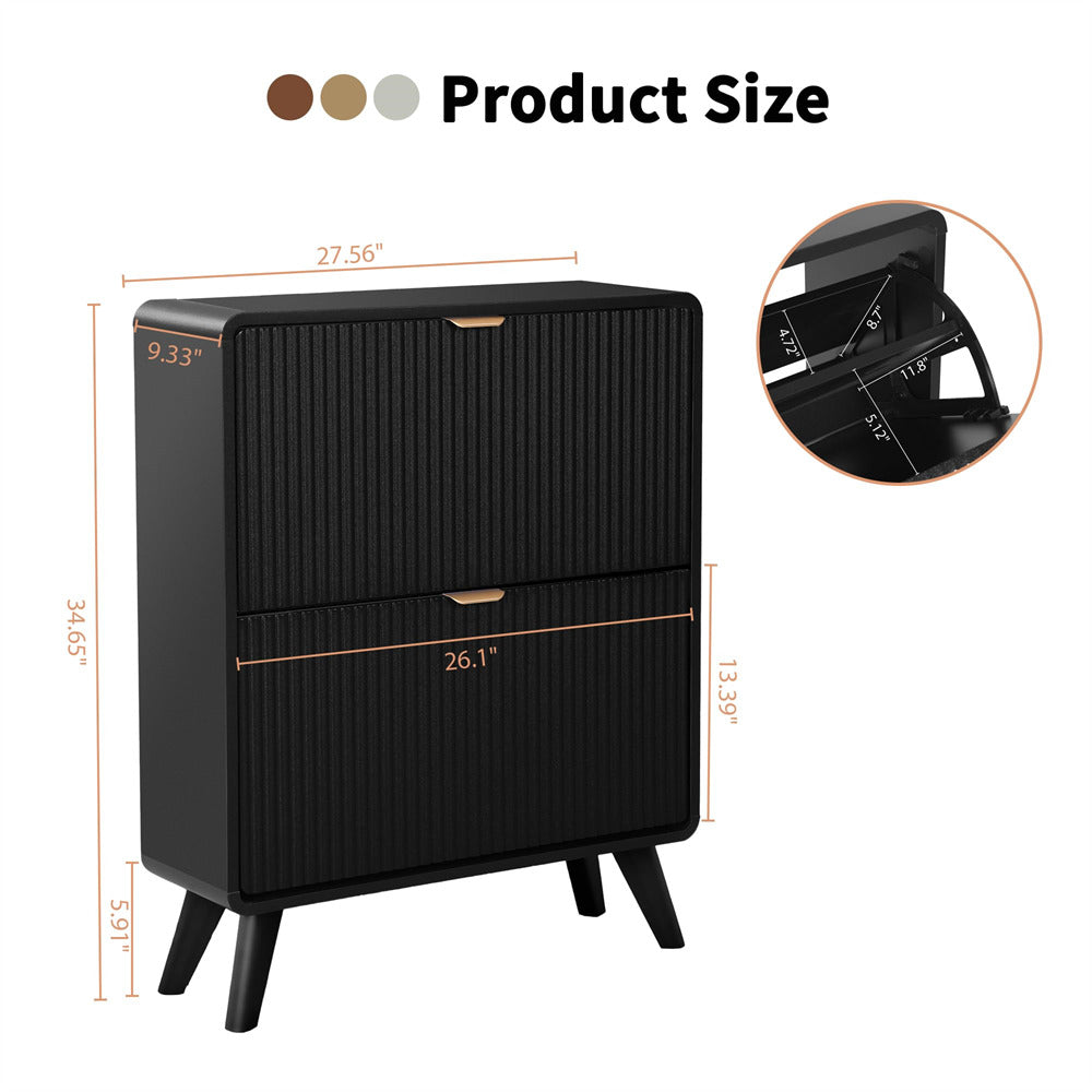 Black shoe cabinet with dimensions on a white background