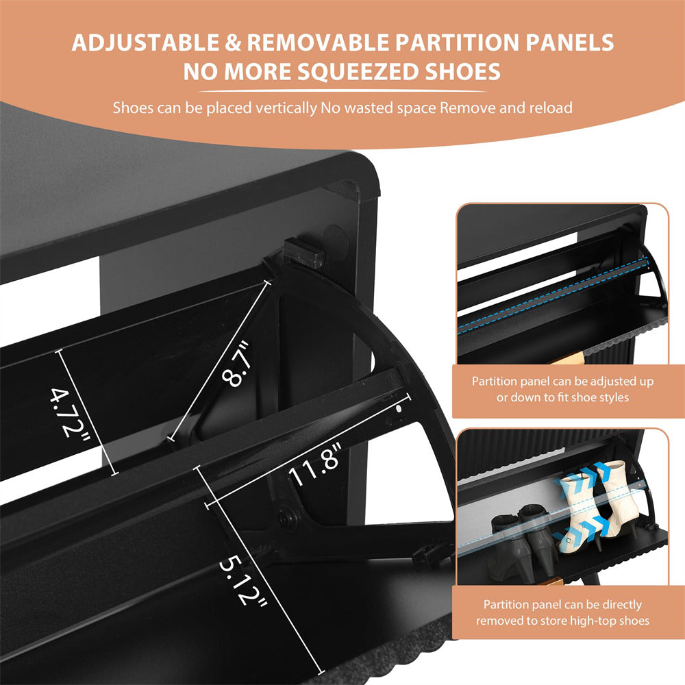Black shoe rack with adjustable partition panels and measurements, showing how to store shoes vertically.