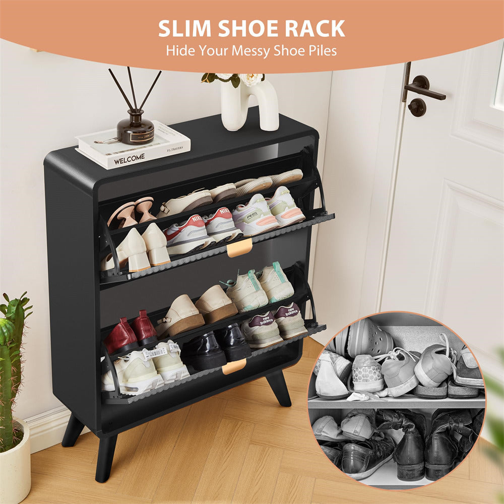 Black slim shoe rack with shoes on a wooden floor, showing its functionality.