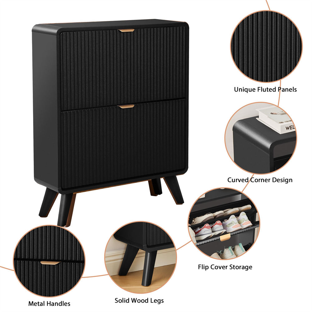 Black two-drawer cabinet with detailed features on a white background