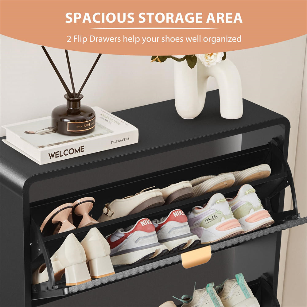 Black shoe storage cabinet with open drawer showing organized shoes, text 'Spacious Storage Area' and '2 Flip Drawers help your shoes well organized'.