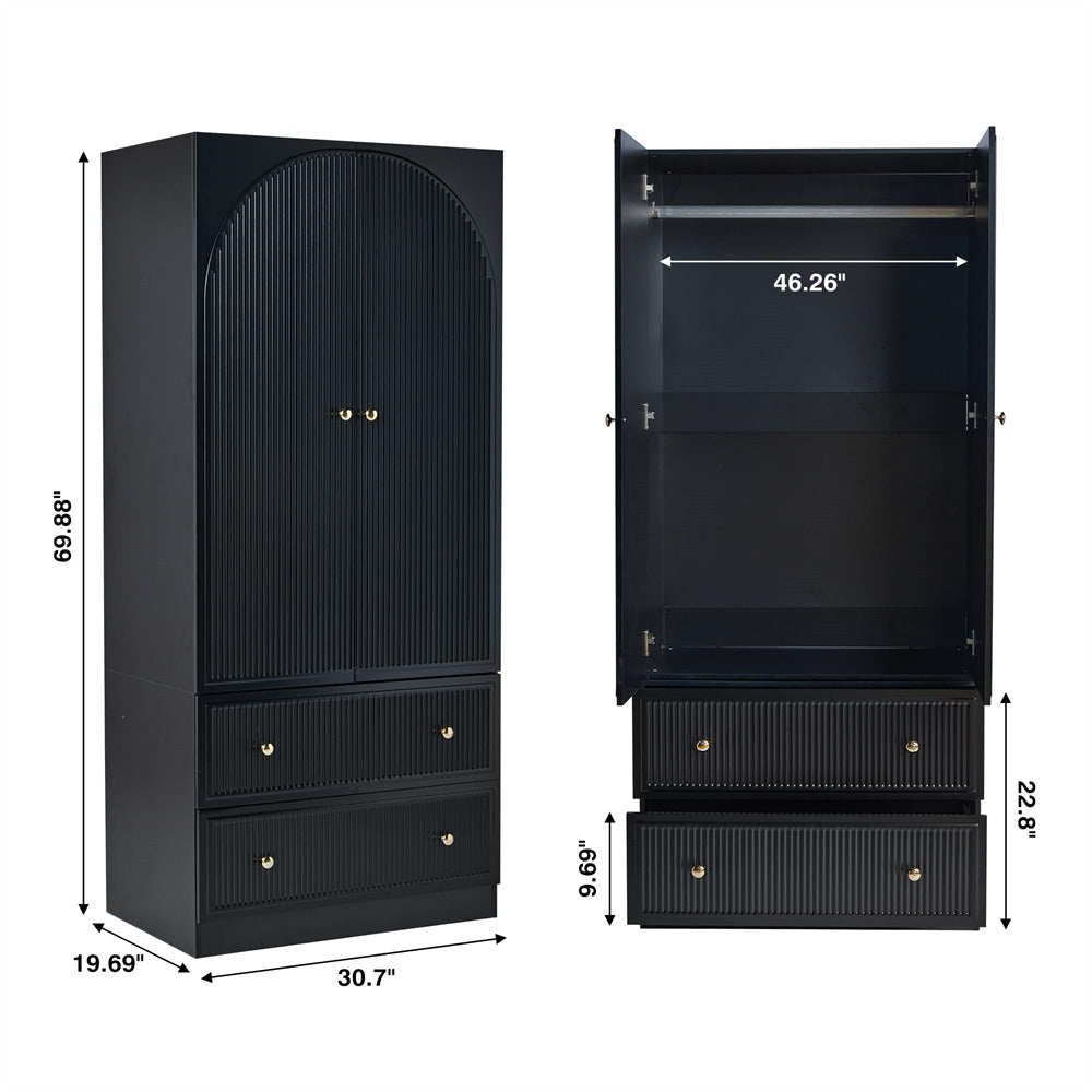 Black Freestanding Wooden Armoire Wardrobe Closet with 2 Storage Drawers Size