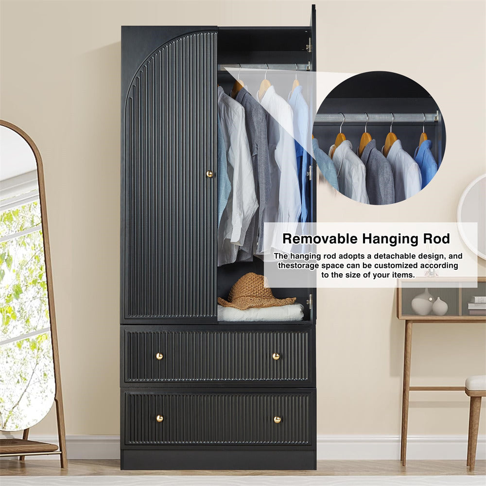 Black Freestanding Wooden Armoire Wardrobe Closet with 2 Storage Drawers