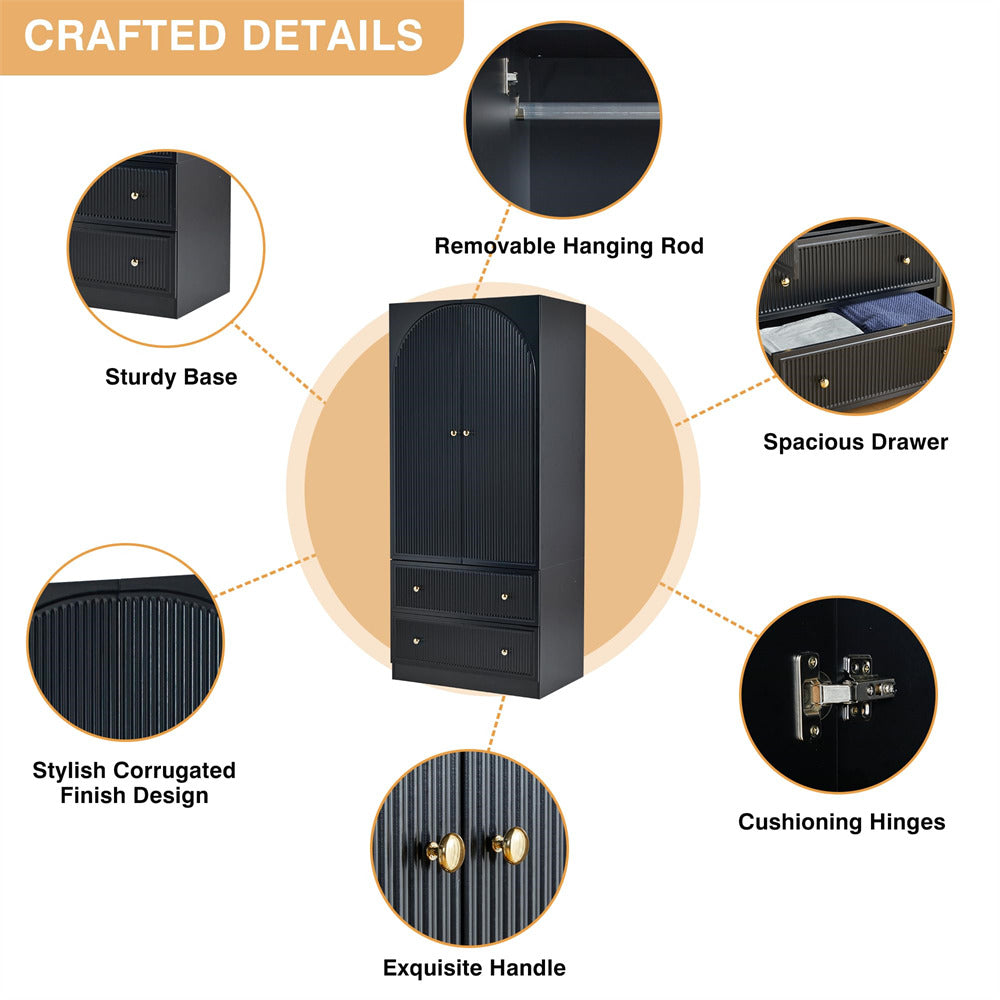 Black Freestanding Wooden Armoire Wardrobe Closet with 2 Storage Drawers