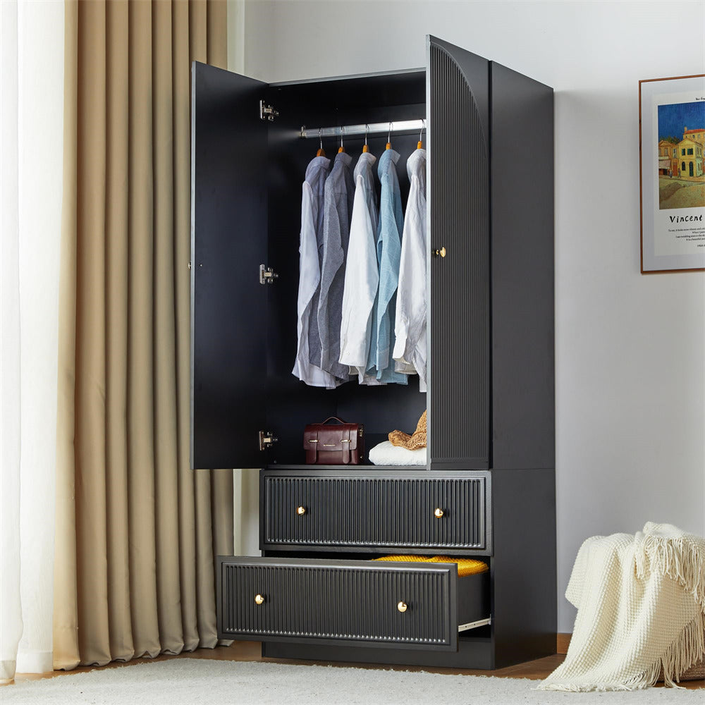 Black Freestanding Wooden Armoire Wardrobe Closet with 2 Storage Drawers