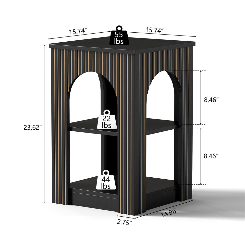 Black shelving unit with measurements and weight indicators on a white background