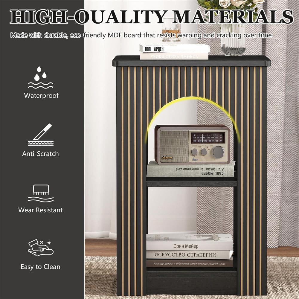 Filing cabinet with decorative items on top, featuring high-quality materials text and icons.