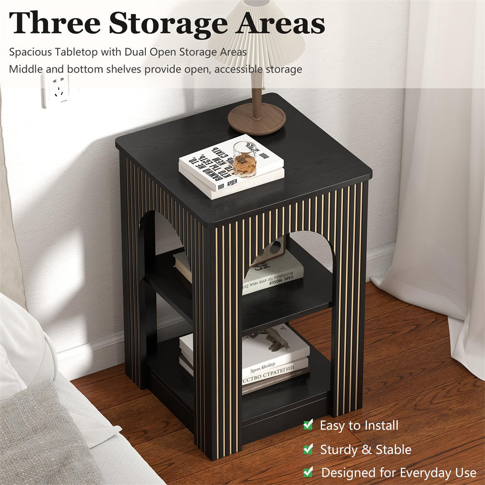 Black storage table with shelves in a room setting, featuring text about its features.