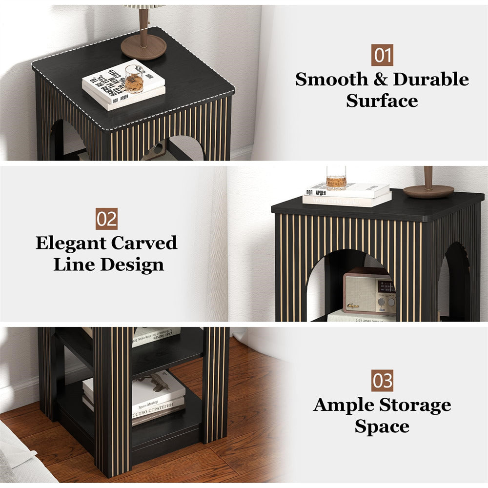 Black side table with smooth surface, carved line design, and ample storage space.