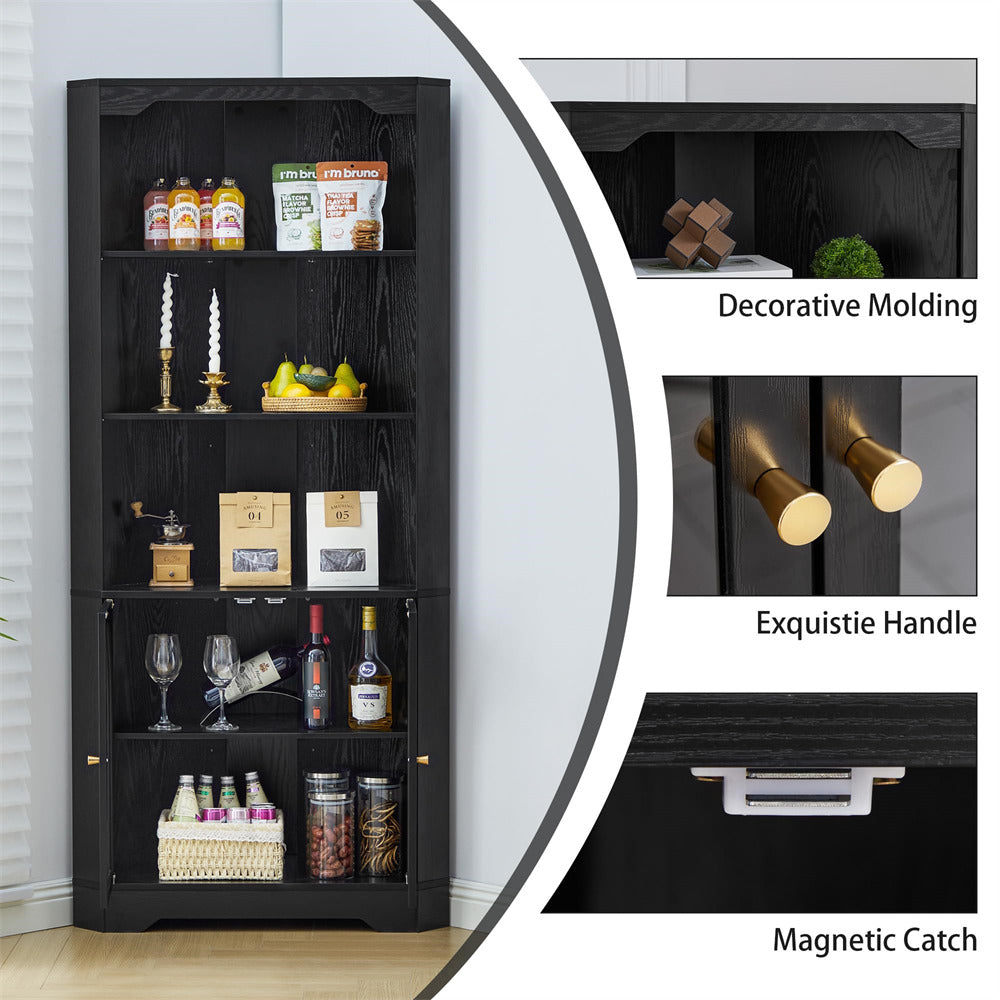 Black bookshelf with decorative molding, exquisite handle, and magnetic catch features.