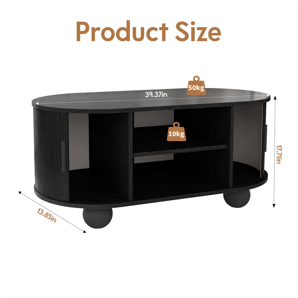 Black Mid-Century Modern Oval Fluted Coffee Table with Storage & Sliding Doors
