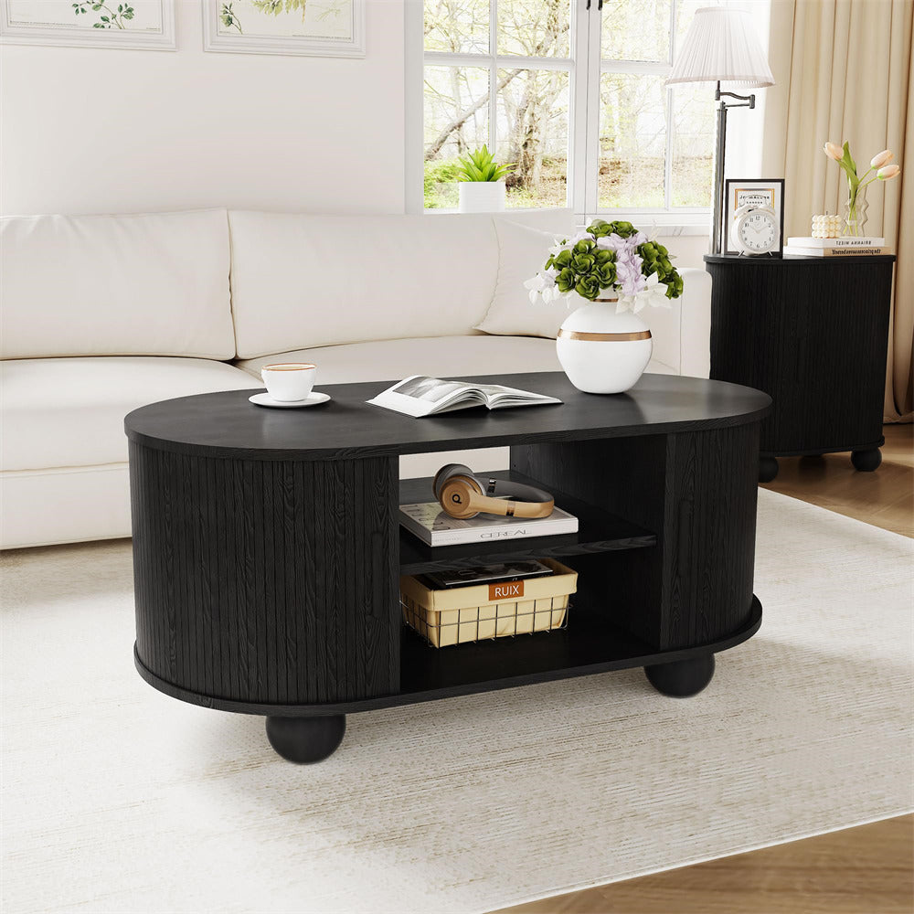 Black Mid-Century Modern Oval Fluted Coffee Table with Storage & Sliding Doors