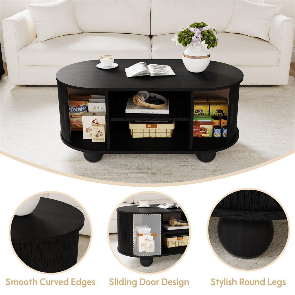 Black Mid-Century Modern Oval Fluted Coffee Table with Storage & Sliding Doors