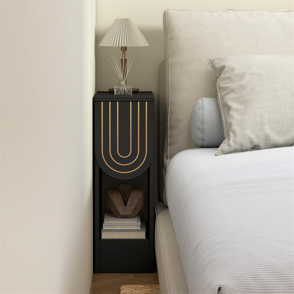 Black Mid-Century Modern Wooden Narrow Nightstand Bedside Table with Carved Drawer and Storage Shelf
