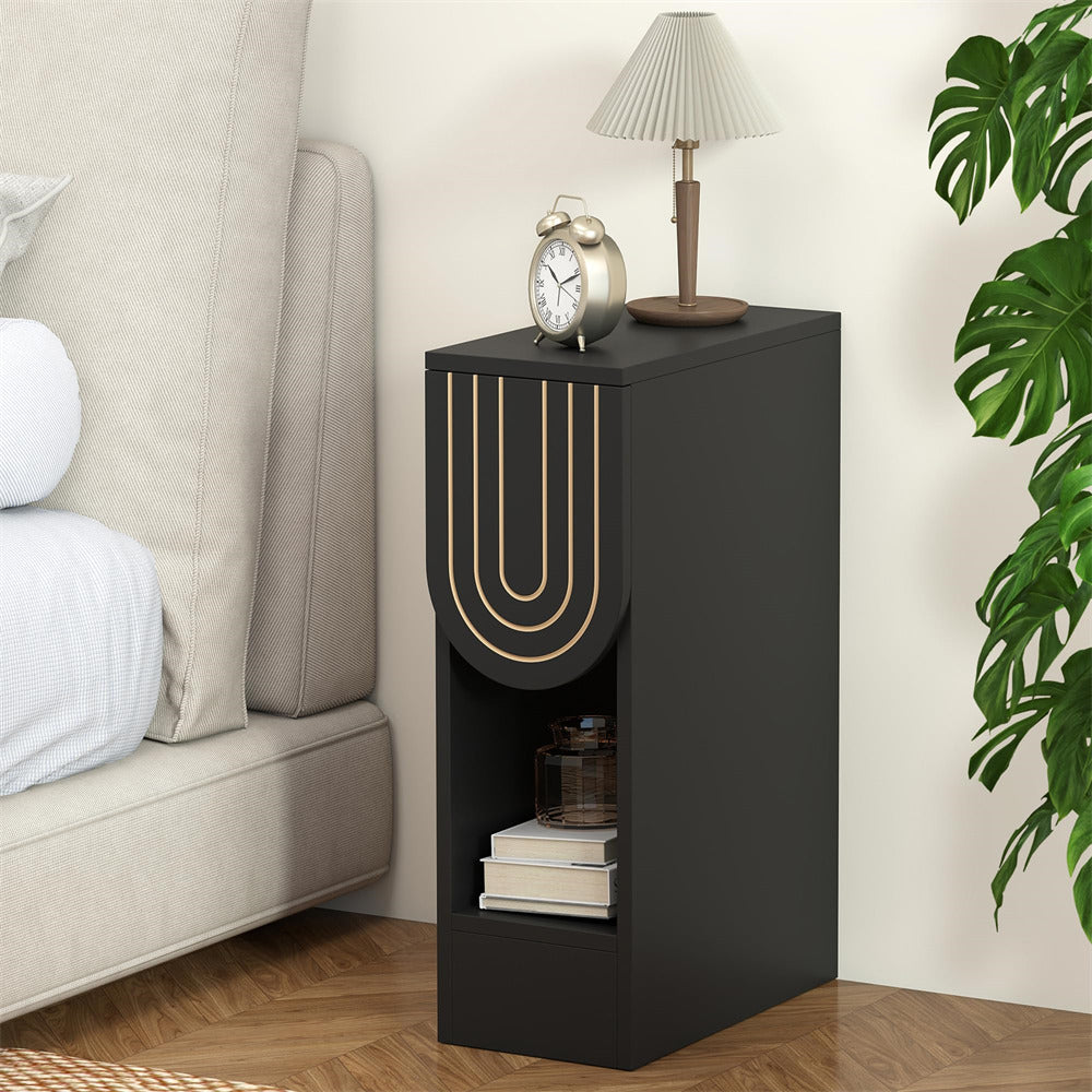 Black Mid-Century Modern Wooden Narrow Nightstand Bedside Table with Carved Drawer and Storage Shelf