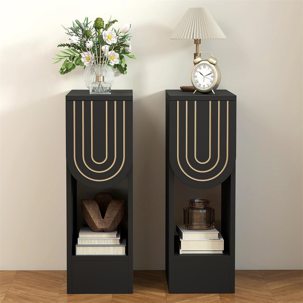 Black Mid-Century Modern Wooden Narrow Nightstand Set of 2