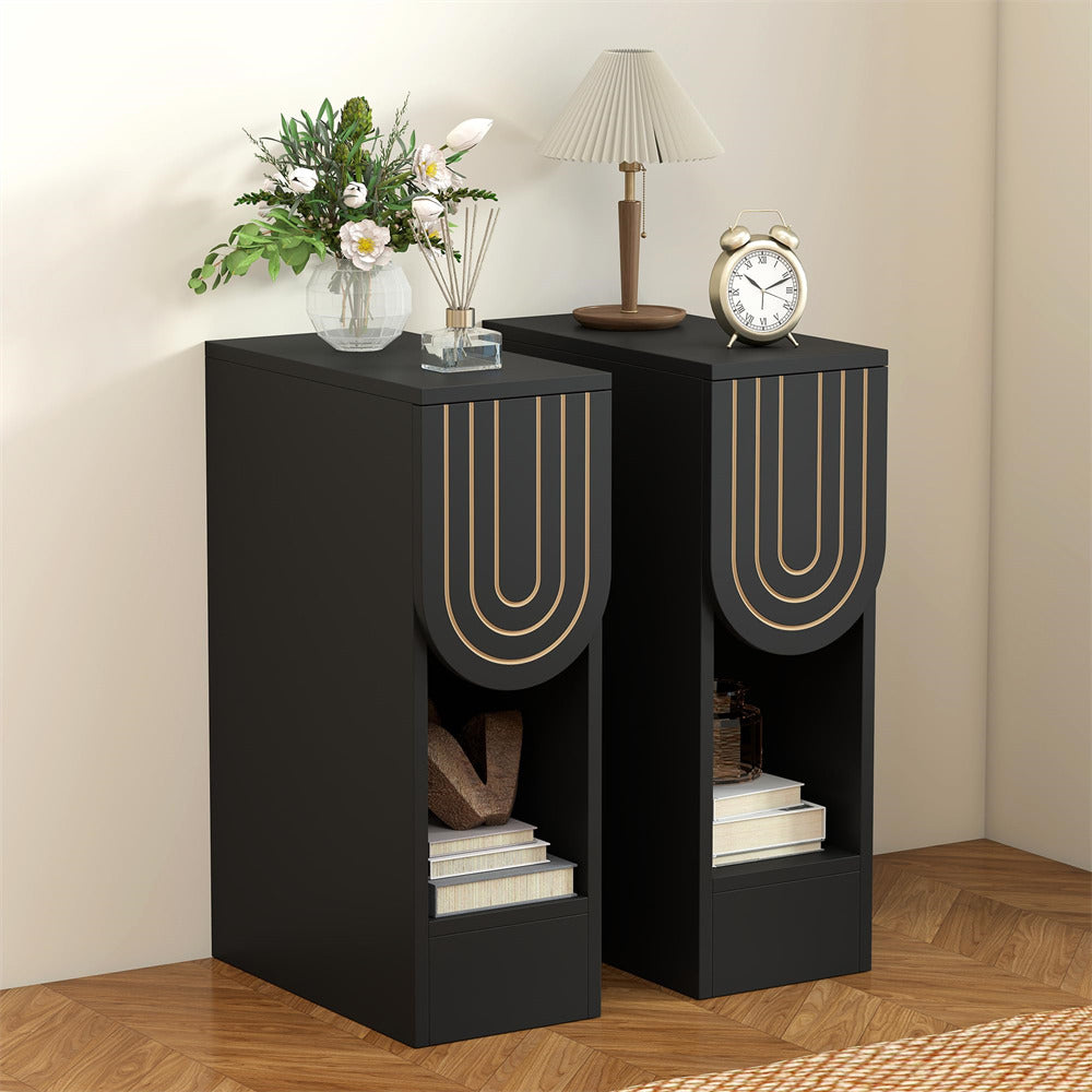 Black Mid-Century Modern Wooden Narrow Nightstand Set of 2