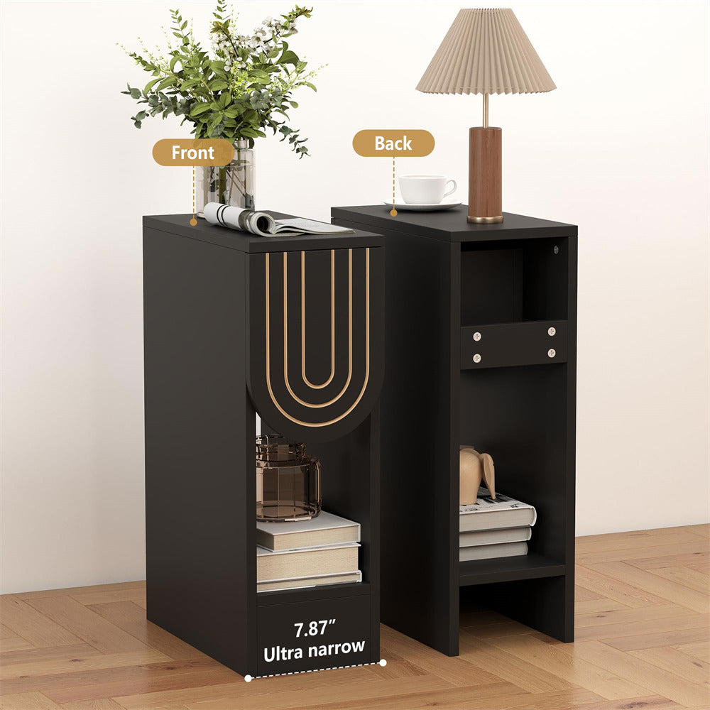 Black Mid-Century Modern Wooden Narrow Nightstand Set of 2