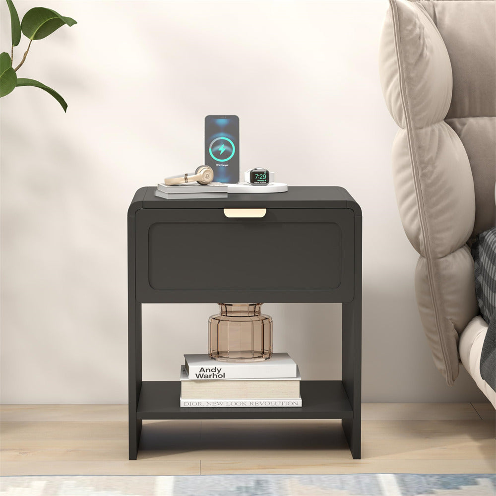 Black Mid-Century Modern Wooden Nightstand with Charging Station and Curved Top Corners