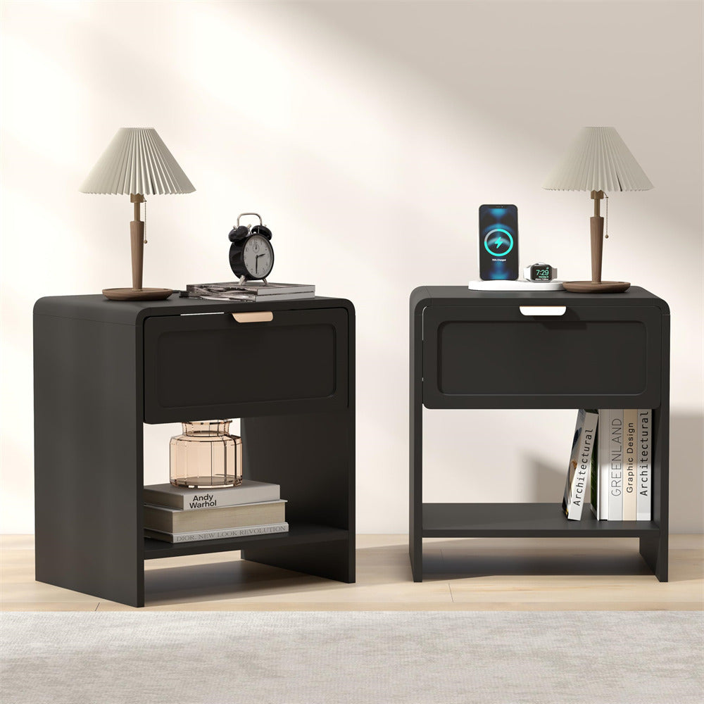 Black Mid-Century Modern Wooden Nightstand Set of 2 with Charging Station and Curved Top Corners