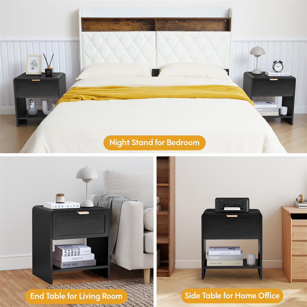 Black Mid-Century Modern Wooden Nightstand Set of 2 with Charging Station and Curved Top Corners