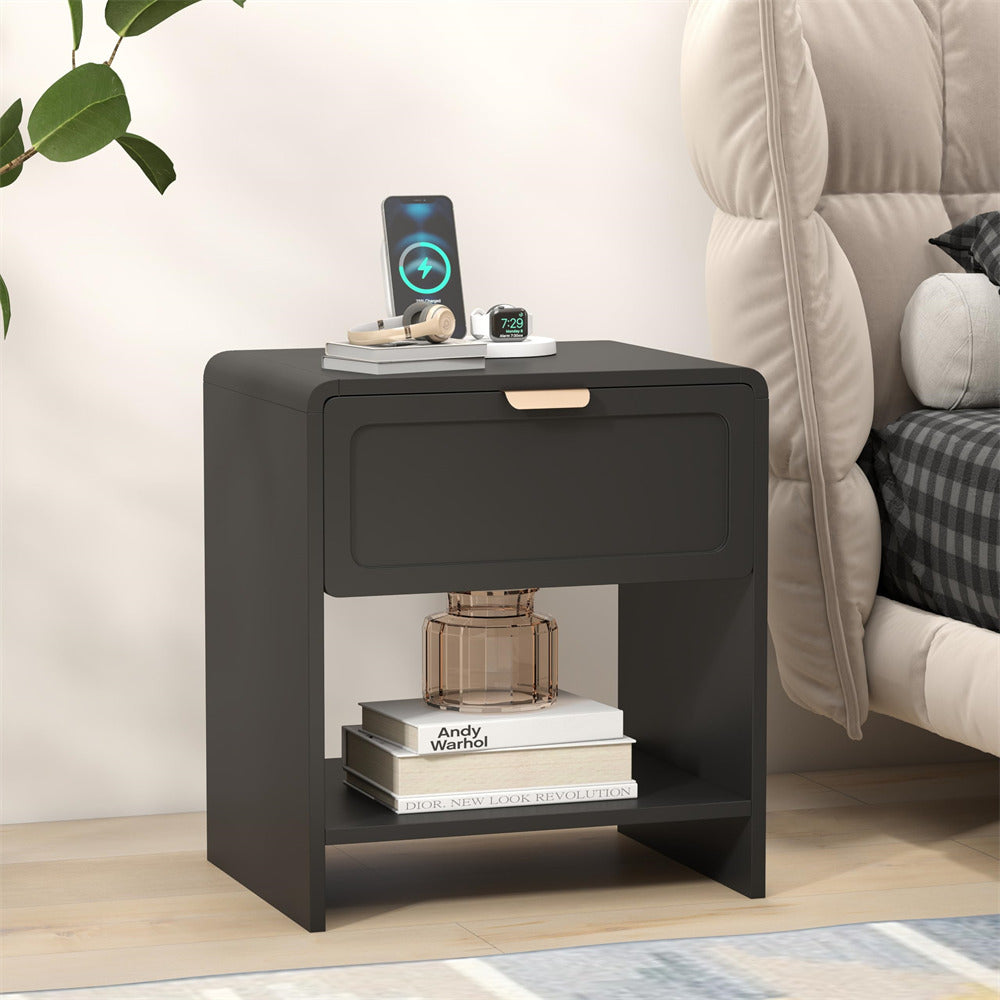 Black Mid-Century Modern Wooden Nightstand with Charging Station and Curved Top Corners