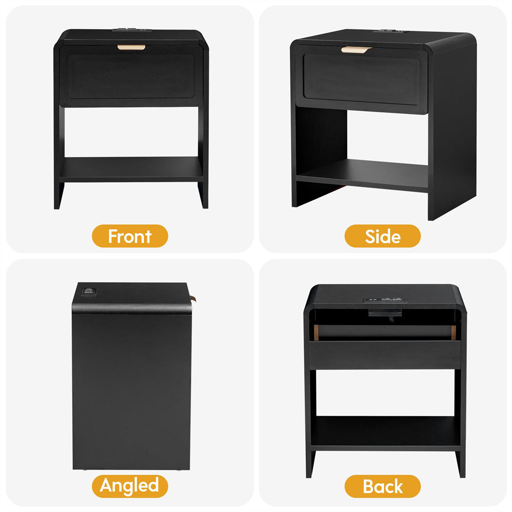 Black Mid-Century Modern Wooden Nightstand with Charging Station and Curved Top Corners