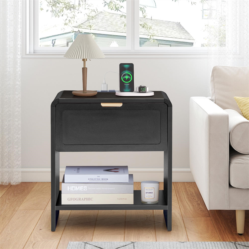 Black Mid-Century Modern Wooden Nightstand with Charging Station and Curved Top Corners