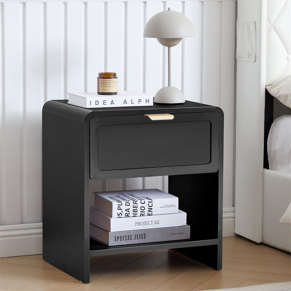 Black Mid-Century Modern Wooden Nightstand with Charging Station and Curved Top Corners