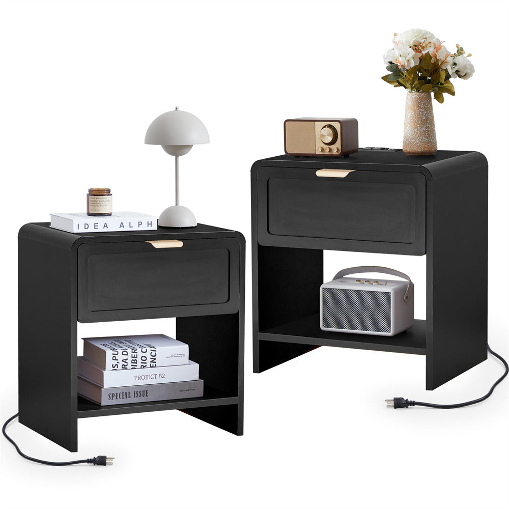Black Mid-Century Modern Wooden Nightstand Set of 2 with Charging Station and Curved Top Corners