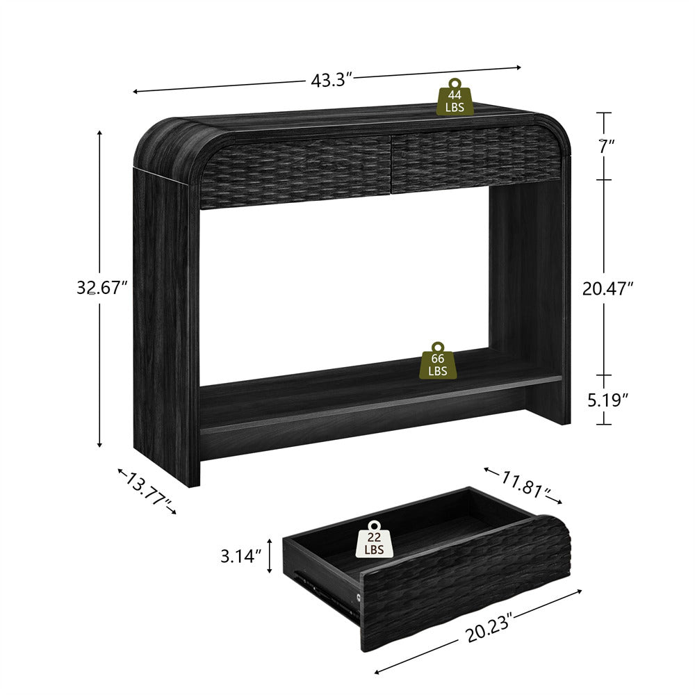 Black wicker console table with dimensions and weight labels on a white background
