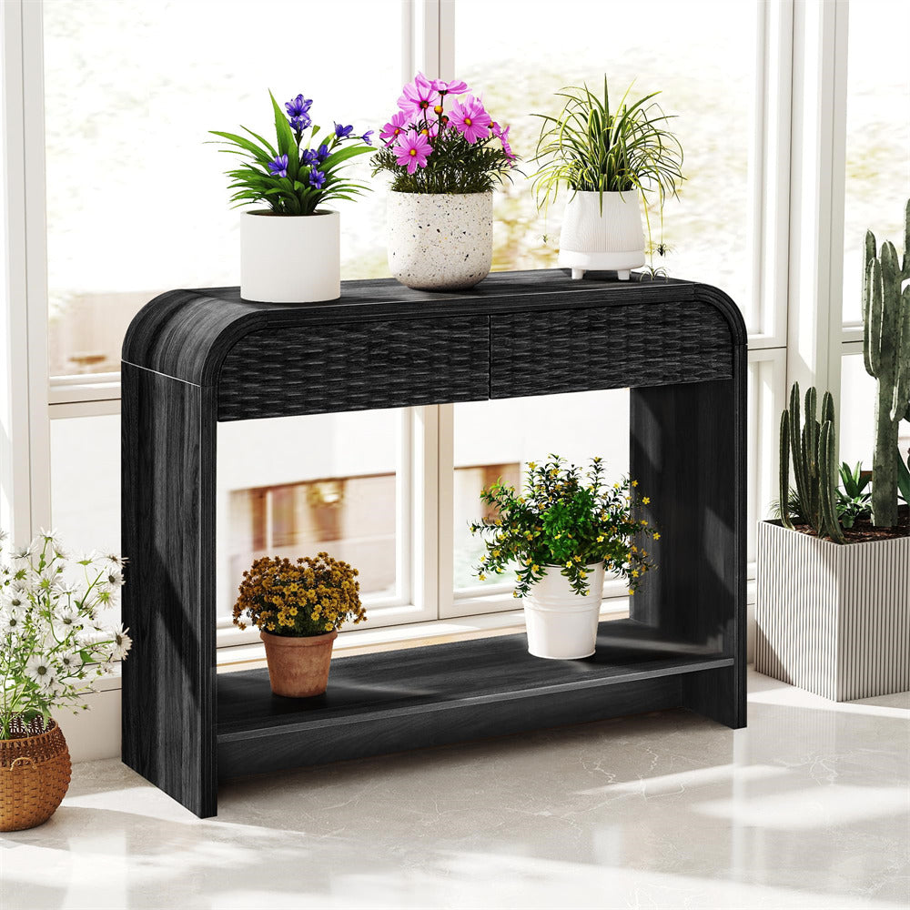 Black console table with potted plants in a bright room