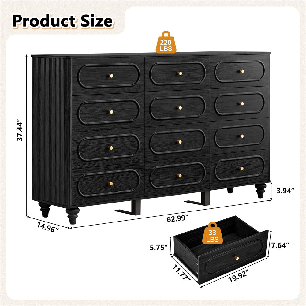 Black dresser with dimensions and weight indicators on a beige background