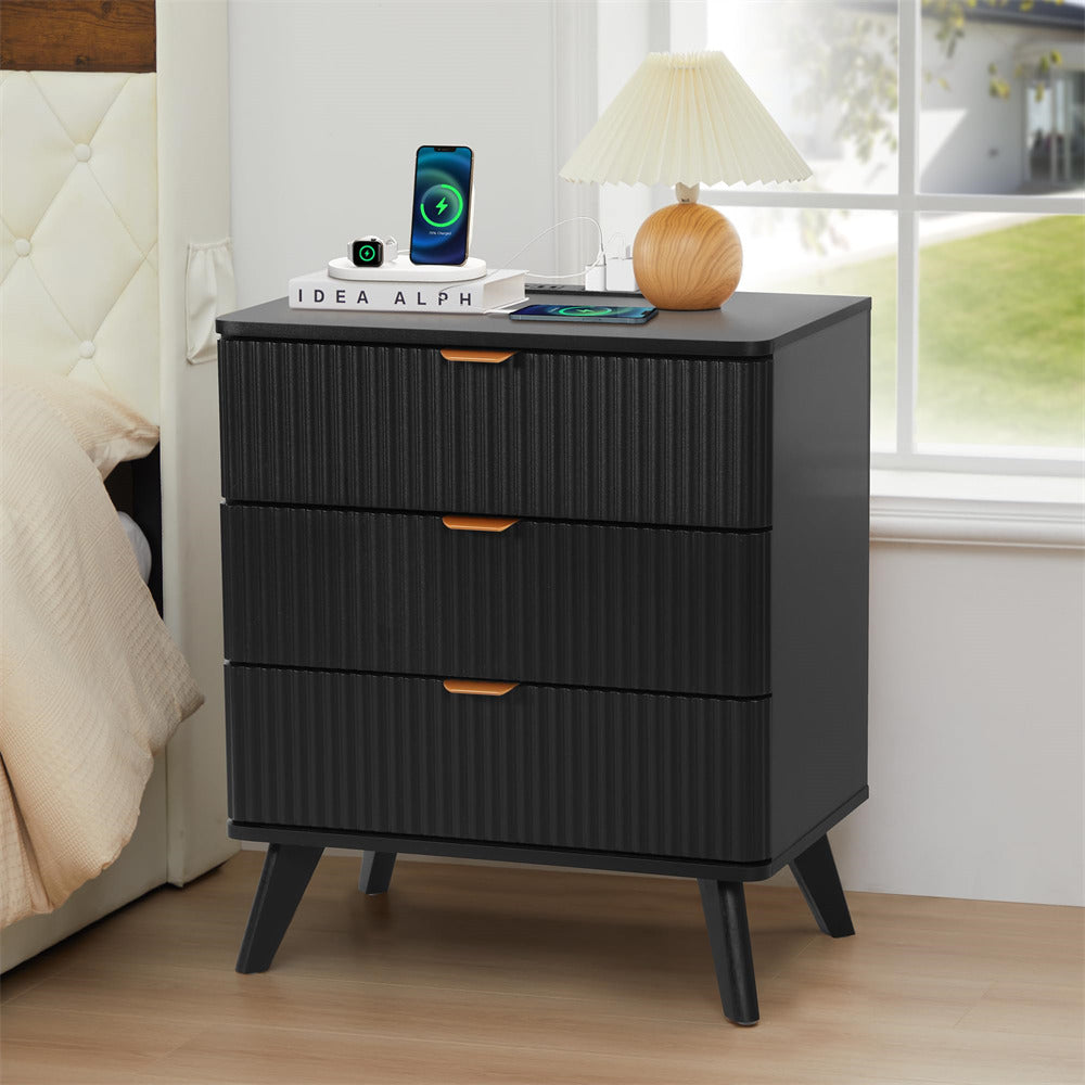 Black Mid Century Modern 3 Drawer Fluted Nightstand with Charging Station