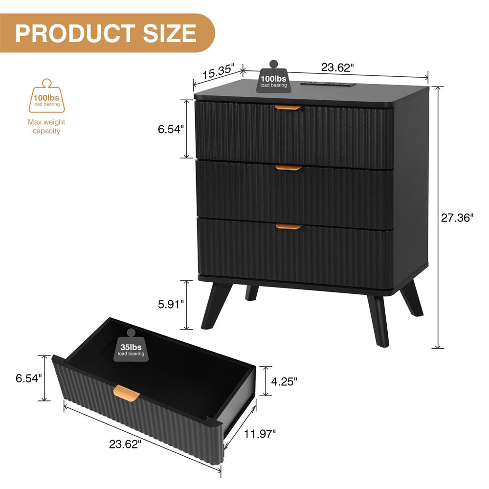 Black Mid Century Modern 3 Drawer Fluted Nightstand with Charging Station