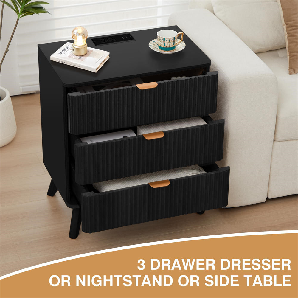 Black Mid Century Modern 3 Drawer Fluted Nightstand with Charging Station