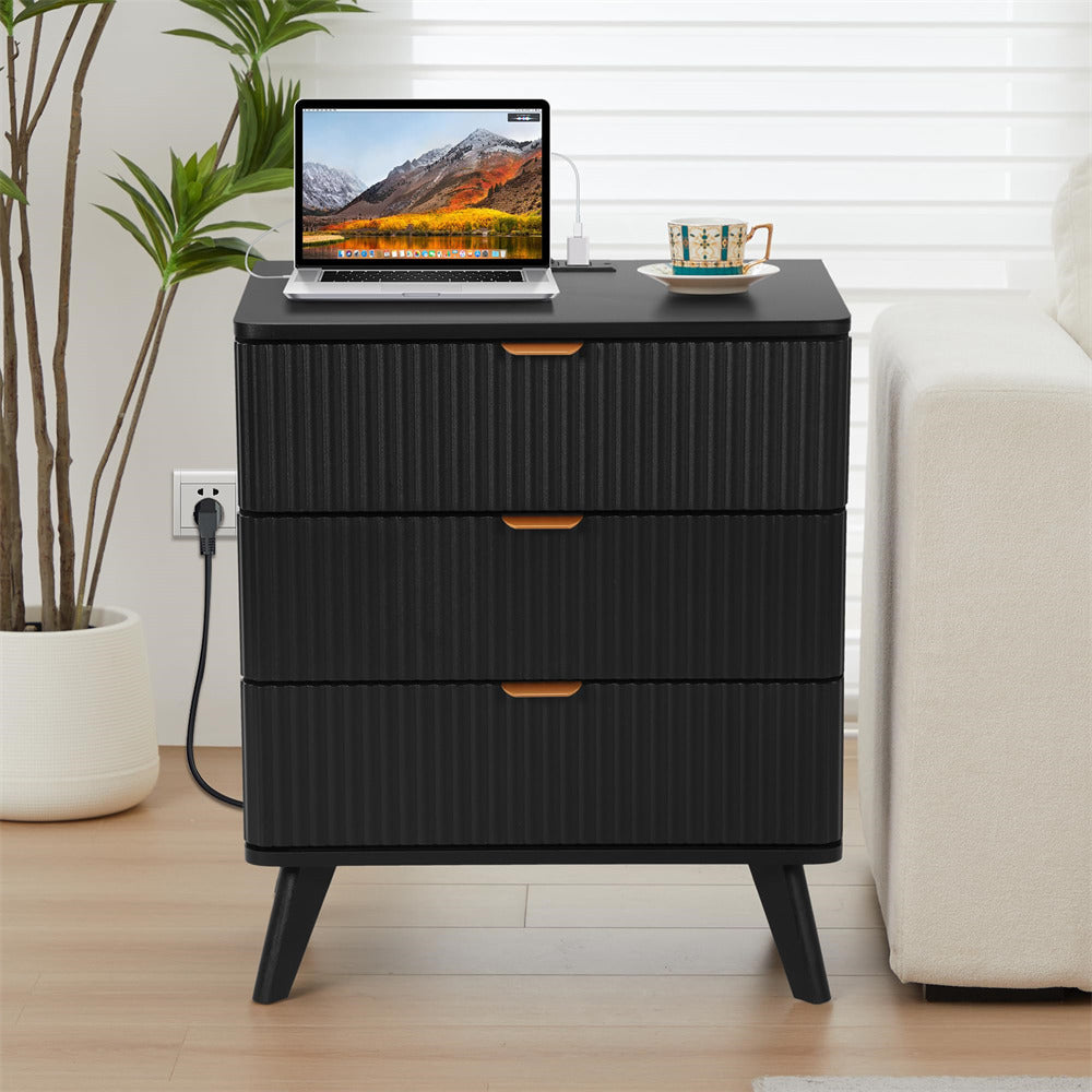 Black Mid Century Modern 3 Drawer Fluted Nightstand with Charging Station