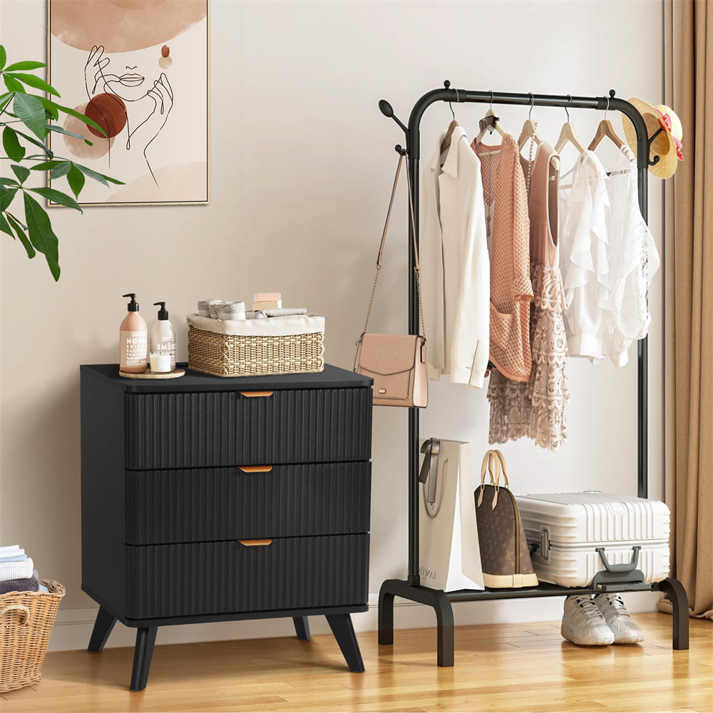 Black Mid Century Modern 3 Drawer Fluted Nightstand with Charging Station