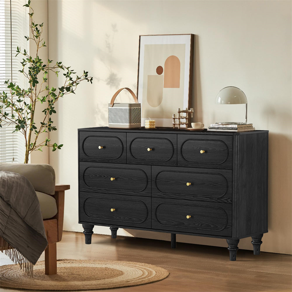 Black Mid Century Modern 7 Drawer Fluted Dresser Wood Storage Cabinet