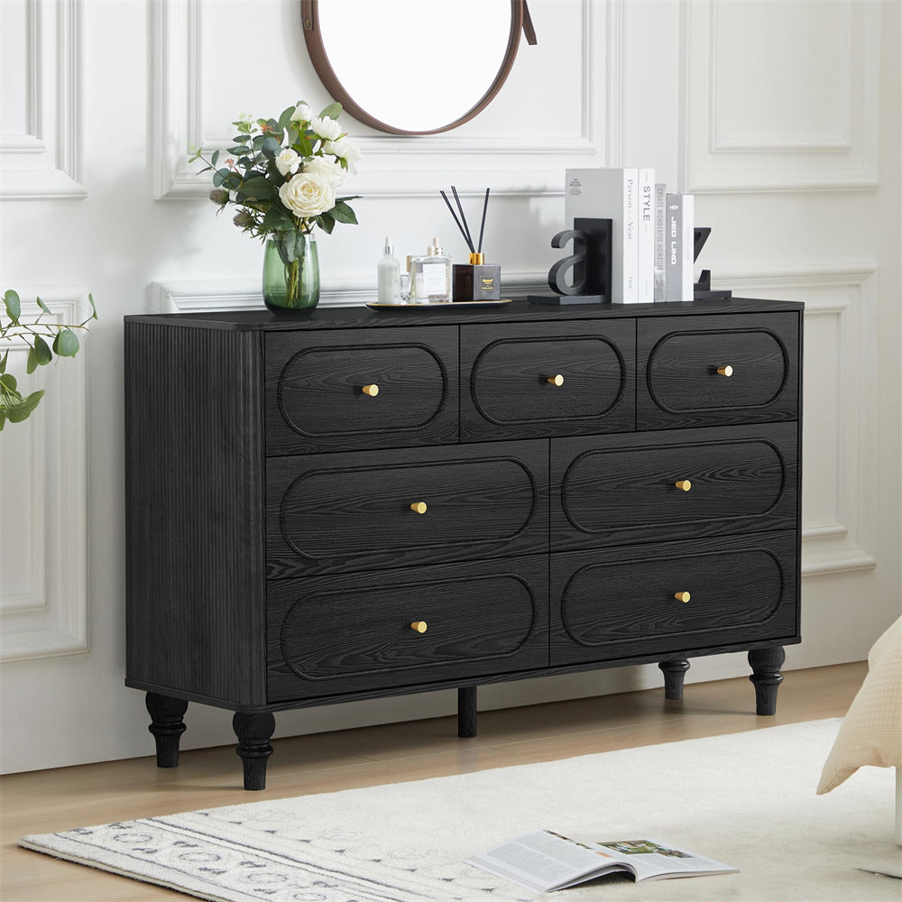 Black Mid Century Modern 7 Drawer Fluted Dresser Wood Storage Cabinet